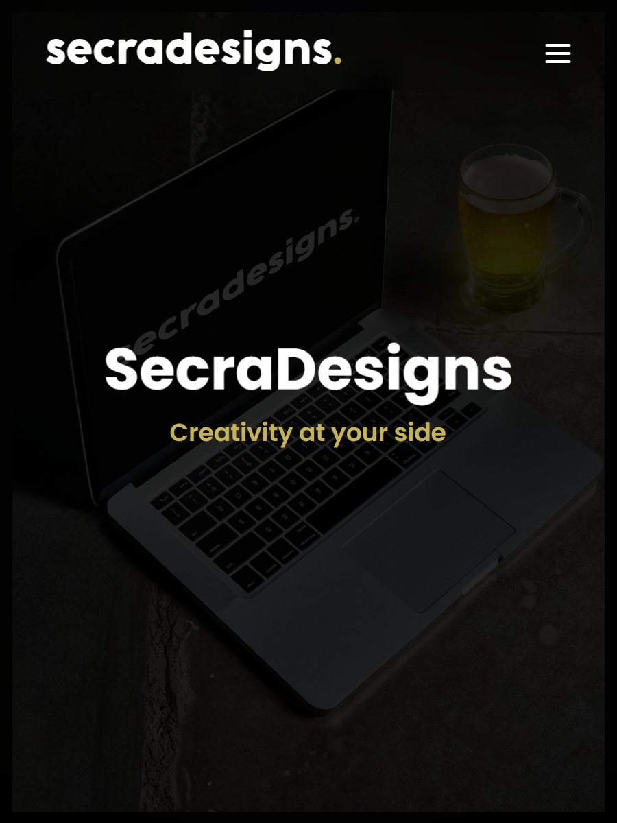 The SecraDesigns website: dark with gold accents